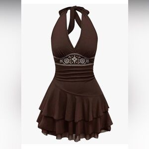Brown Halter Dress with Embroidered Waist